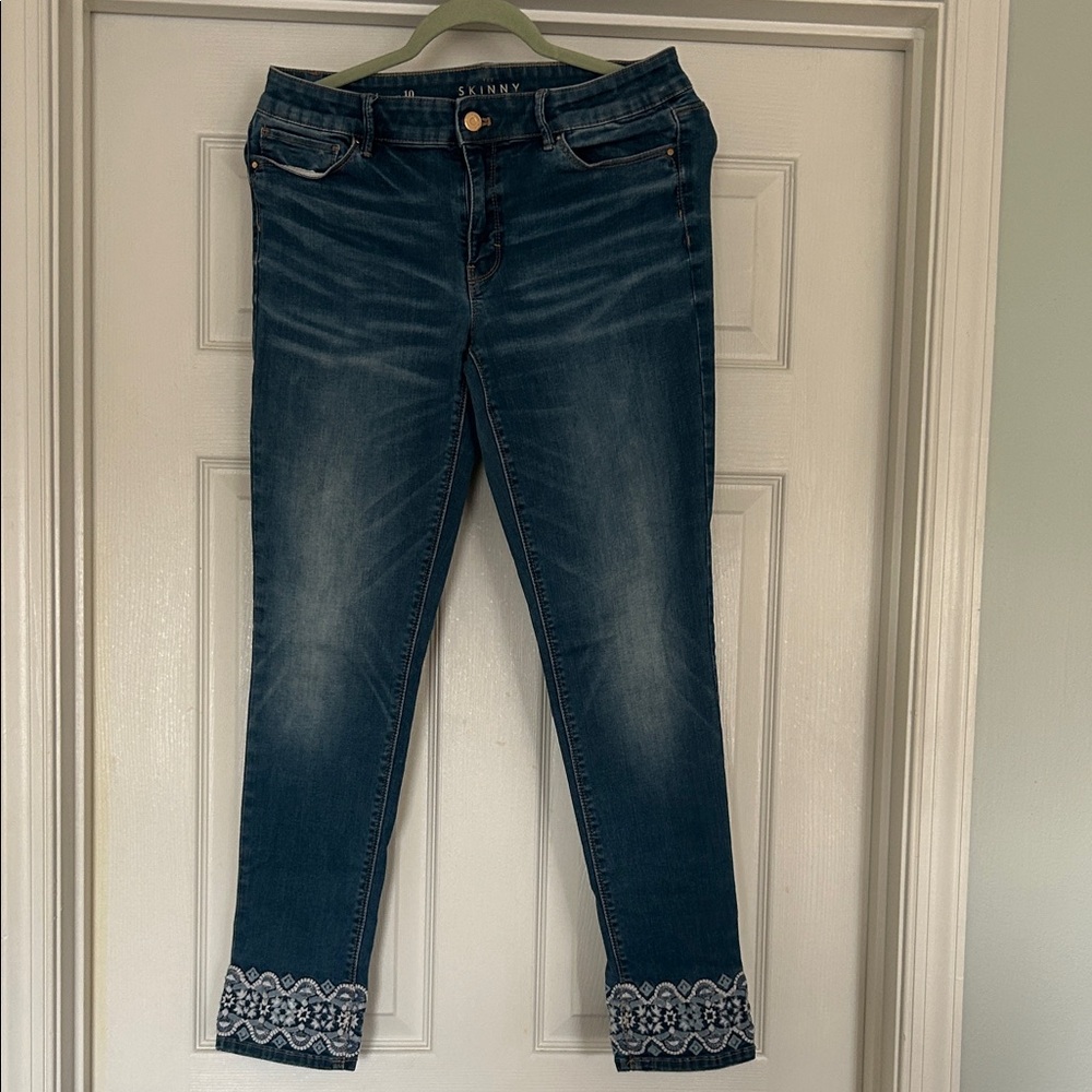 White House Black Market Dark Wash Skinny Jeans with Embroidered Cuff